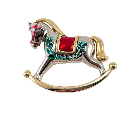 Unbranded Rocking Horse Pin Brooch Gold Tone Enameled Red Green Silver 2" - Picture 2 of 6